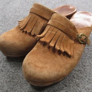 UGG Shoes Womens Size 9 Brown Suede Leather Clogs Fringe Slip On Studded Mules